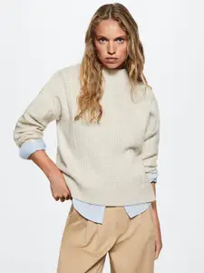 MANGO Women Off White Ribbed Sustainable Pullover
