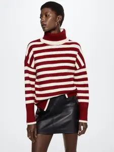MANGO Women Maroon & Off White Striped Sustainable Pullover