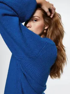 MANGO Women Blue Ribbed Oversize Turtle Neck Knitted Pullover