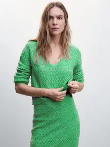 MANGO Women Green Open Knit Sustainable Pullover