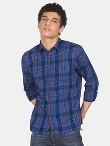 Flying Machine Men Blue Cotton Tartan Checks Checked Casual Shirt