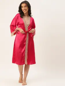 Ms.Lingies Women Solid Satin Maxi Robe With Lace Detail