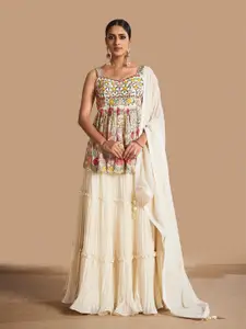 Fusionic Cream-Coloured & Red Embroidered Thread Work Semi-Stitched Lehenga & Unstitched Blouse With Dupatta