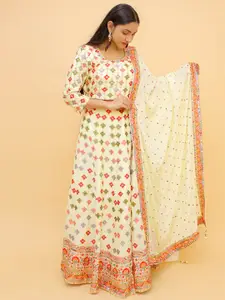 Fusionic Cream-Coloured & Red Embroidered Semi-Stitched Lehenga & Unstitched Blouse With Dupatta