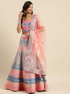 Fusionic Pink & Blue Embroidered Mirror Work Semi-Stitched Lehenga & Unstitched Blouse With Dupatta