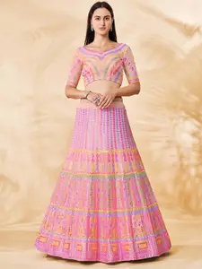 Fusionic Pink & Blue Embroidered Semi-Stitched Lehenga & Unstitched Blouse With Dupatta