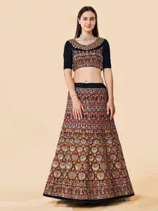 Fusionic Navy Blue & Yellow Embroidered Thread Work Semi-Stitched Lehenga & Unstitched Blouse With Dupatta