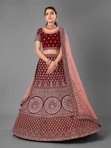 Fusionic Maroon & Pink Embroidered Thread Work Semi-Stitched Lehenga & Unstitched Blouse With Dupatta