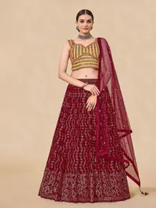Fusionic Maroon & Yellow Embroidered Mirror Work Semi-Stitched Lehenga & Unstitched Blouse With Dupatta