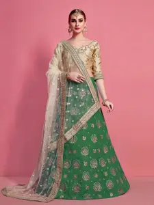 Fusionic Green & Beige Embroidered Semi-Stitched Lehenga & Unstitched Blouse With Dupatta