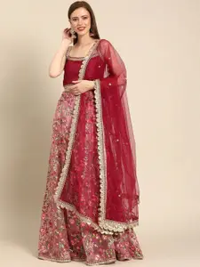Fusionic Peach-Coloured & Pink Embroidered Semi-Stitched Lehenga & Unstitched Blouse With Dupatta