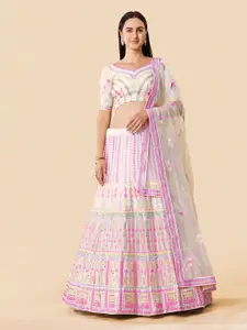 Fusionic White & Pink Embellished Thread Work Semi-Stitched Lehenga & Unstitched Blouse With Dupatta