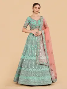 Fusionic Blue & Pink Embroidered Thread Work Semi-Stitched Lehenga & Unstitched Blouse With Dupatta