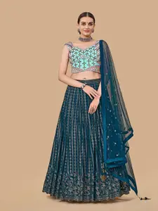 Fusionic Teal & Blue Embroidered Semi-Stitched Lehenga & Unstitched Blouse With Dupatta
