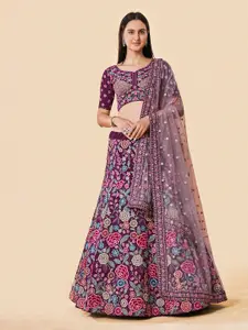 Fusionic Burgundy & Pink Embroidered Semi-Stitched Lehenga & Unstitched Blouse With Dupatta