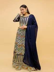 Fusionic Navy Blue & Gold-Toned Embroidered Semi-Stitched Lehenga & Unstitched Blouse With