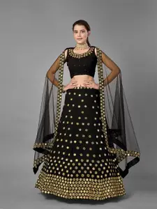 Fusionic Black & Gold-Toned Embroidered Semi-Stitched Lehenga & Unstitched Blouse With Dupatta