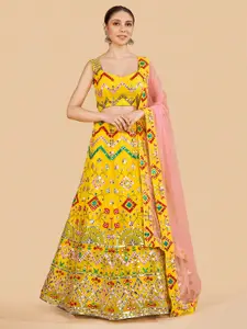 Fusionic Yellow & Pink Embroidered Semi-Stitched Lehenga & Unstitched Blouse With Dupatta
