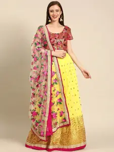 Fusionic Yellow & Pink Embroidered Semi-Stitched Lehenga & Unstitched Blouse With Dupatta