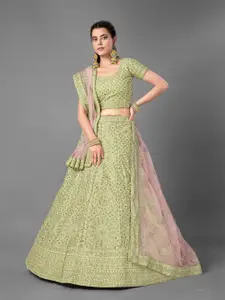 Fusionic Green & Pink Embroidered Thread Work Semi-Stitched Lehenga & Unstitched Blouse With Dupatta