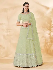 Fusionic Green & Silver-Toned Embroidered Mirror Work Semi-Stitched Lehenga & Unstitched Blouse With Dupatta