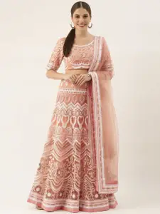 Fusionic Peach-Coloured & White Embroidered Thread Work Semi-Stitched Lehenga & Unstitched Blouse With