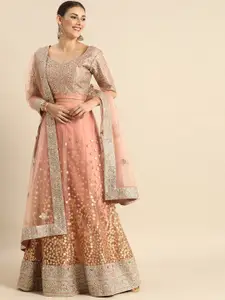 Fusionic Brown & Gold-Toned Embroidered Semi-Stitched Lehenga & Unstitched Blouse With Dupatta