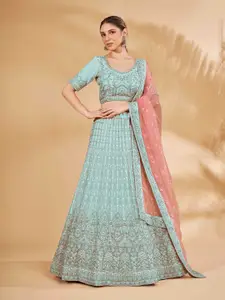 Fusionic Blue & Pink Embroidered Semi-Stitched Lehenga & Unstitched Blouse With Dupatta