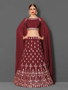 Fusionic Maroon & Gold-Toned Embroidered Thread Work Semi-Stitched Lehenga & Unstitched Blouse With Dupatta