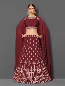 Fusionic Maroon & Gold-Toned Embroidered Thread Work Semi-Stitched Lehenga & Unstitched Blouse With Dupatta