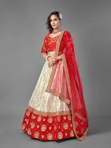 Fusionic Red & Gold-Toned Embroidered Thread Work Semi-Stitched Lehenga & Unstitched Blouse With Dupatta