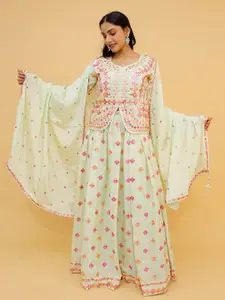 Fusionic Green & Pink Embroidered Semi-Stitched Lehenga & Unstitched Blouse With Dupatta