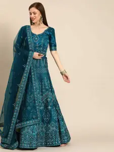 Fusionic Teal & Gold-Toned Embroidered Thread Work Semi-Stitched Lehenga & Unstitched Blouse With Dupatta
