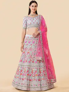 Fusionic Grey & Pink Embroidered Thread Work Semi-Stitched Lehenga & Unstitched Blouse With Dupatta