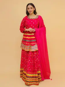 Fusionic Pink & Green Embroidered Semi-Stitched Lehenga & Unstitched Blouse With Dupatta