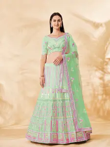 Fusionic Green & Pink Embroidered Thread Work Semi-Stitched Lehenga & Unstitched Blouse With Dupatta