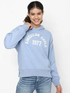 AMERICAN EAGLE OUTFITTERS Women Turquoise Blue Printed Hooded Sweatshirt