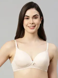 Enamor Women Peach Padded Non-Wired & High Coverage T-Shirt Bra With Detachable Straps