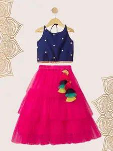 The Magic Wand Girls Navy Blue & Pink Embellished Ready to Wear Lehenga & Choli