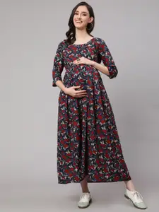 Nayo Grey & Red Floral Maternity A-Line Cotton Midi Dress