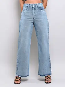 FREAKINS Women Blue Wide Leg High-Rise Light Fade Cotton Jeans