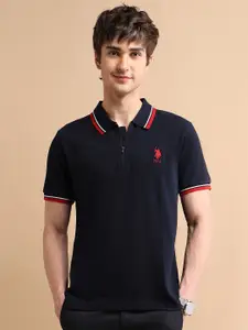U.S. Polo Assn. Men Navy Blue Zipper Polo Collar Cotton T-shirt