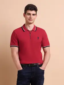 U.S. Polo Assn. Men Red Zipper Polo Collar Cotton T-shirt