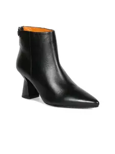 Saint G Women Black Solid Leather Front Zipper Ankle Boots