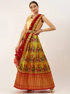 Kanakadara Yellow & Red Embroidered Sequinned Lehenga Choli With Dupatta