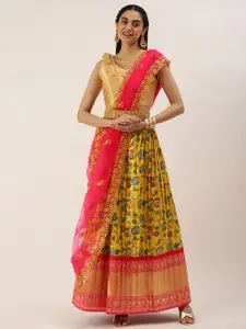 Kanakadara Yellow & Pink Embroidered Unstitched Lehenga & Blouse With Dupatta