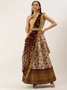 Kanakadara Beige & Coffee Brown Embroidered Unstitched Lehenga & Blouse With Dupatta