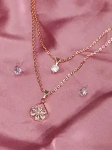 ZINU White Cubic Zirconia Stud Rose Gold-Plated Layered Necklace with Pendant and Earrings