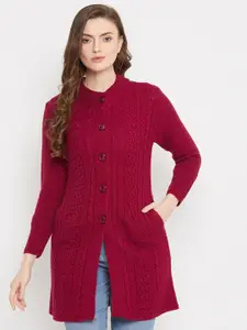 Zigo Women Maroon Cable Knit Woolen Longline Cardigan Sweater