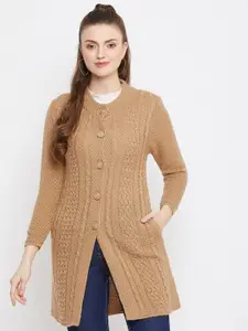 Zigo Women Camel Brown Cable Knit Woolen Longline Cardigan Sweater
